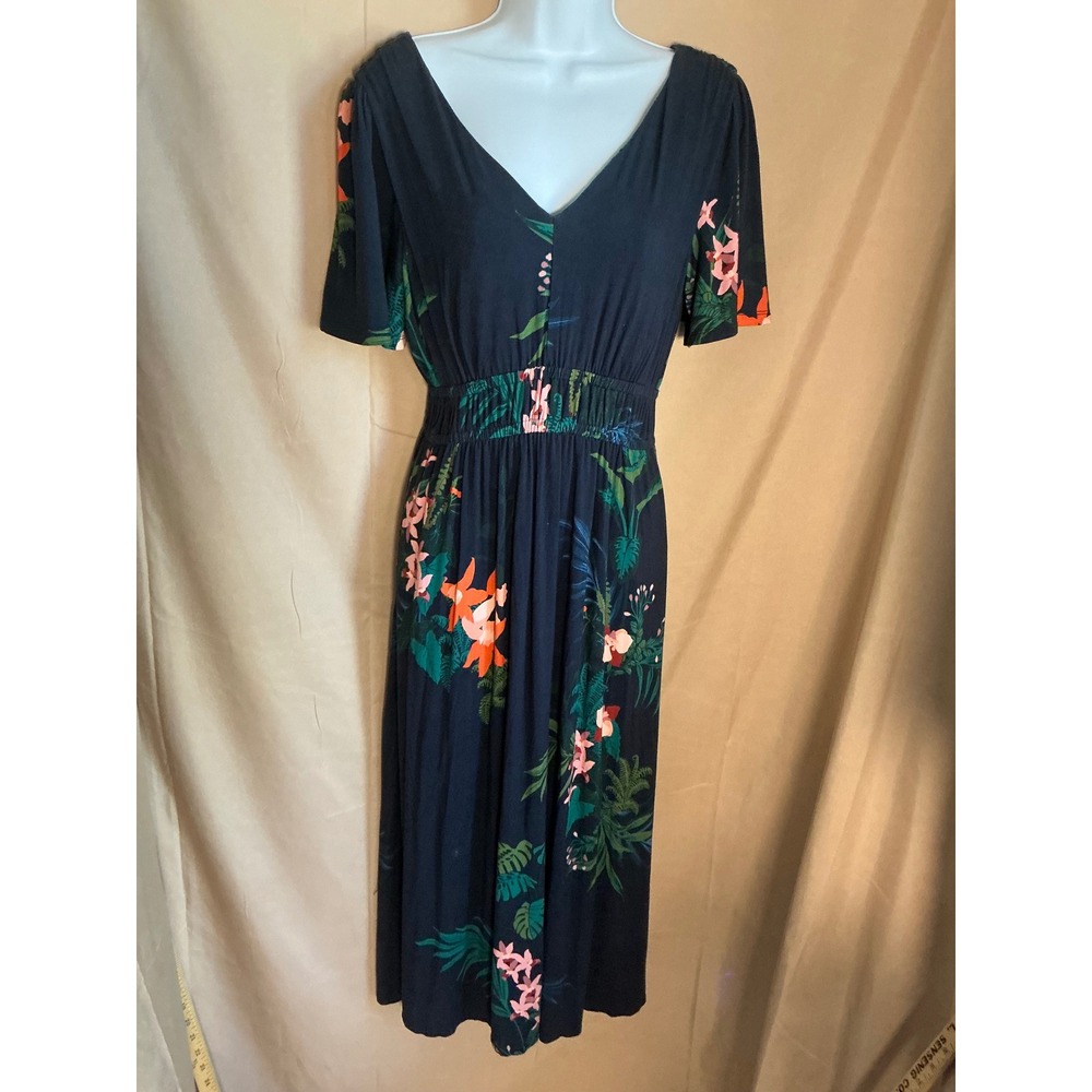 Tropical Floral Midi Dress Womens Size Medium Navy Blue Smocked Waist V-Neck